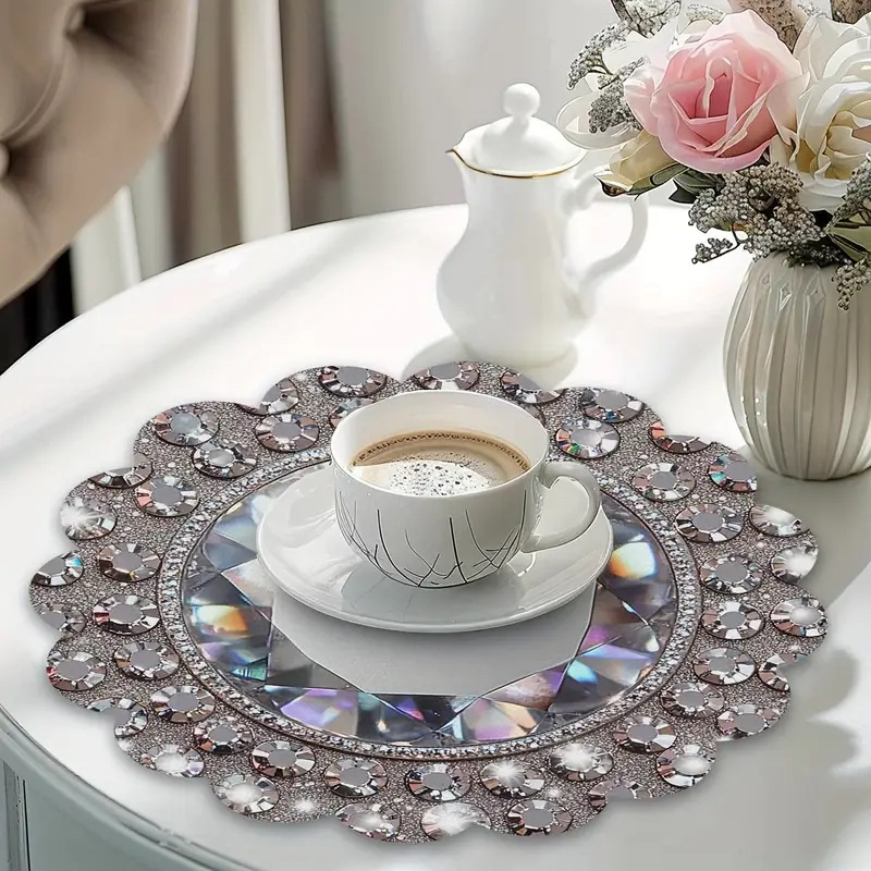 Outdoor Furniture Dining - VIKAMA Luxury Silver Rhinestone Round Placemat